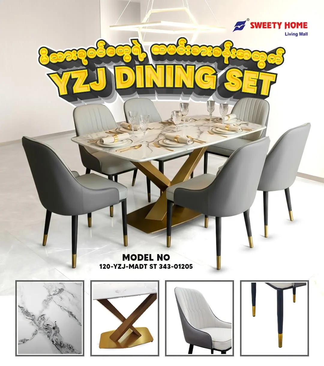 Premium heat-resistant marble top dining table set in Yangon